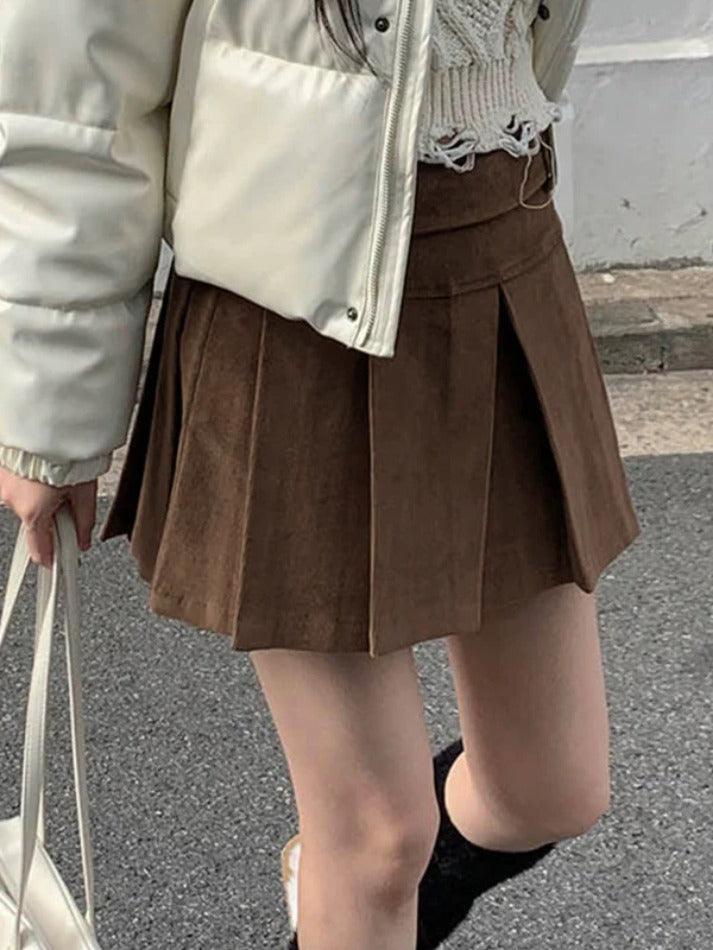 Vintage Brown Corduroy Belted Pleated Mini Skirt