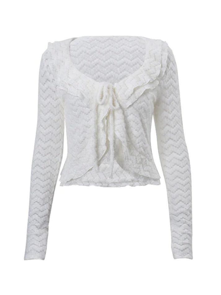 Wavy Pattern V Neck Tie Front Long Sleeve Knit