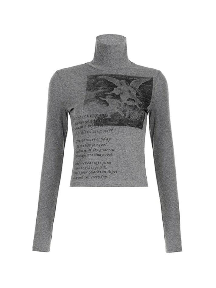 Vintage Cherub Print Turtleneck Slim Long Sleeve Tee