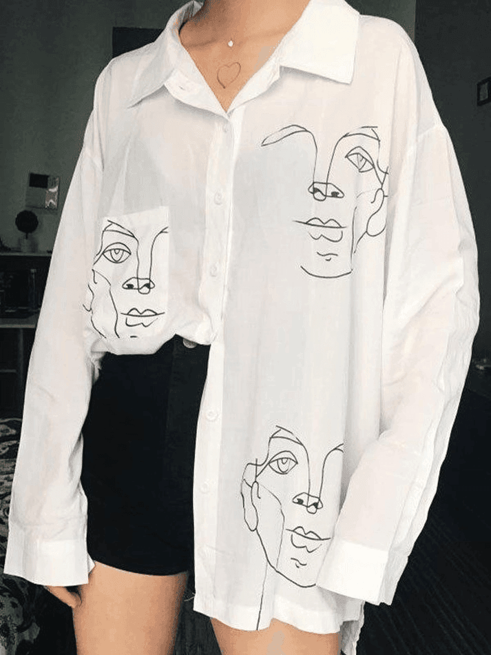Abstract Face Print Long Sleeve Blouse
