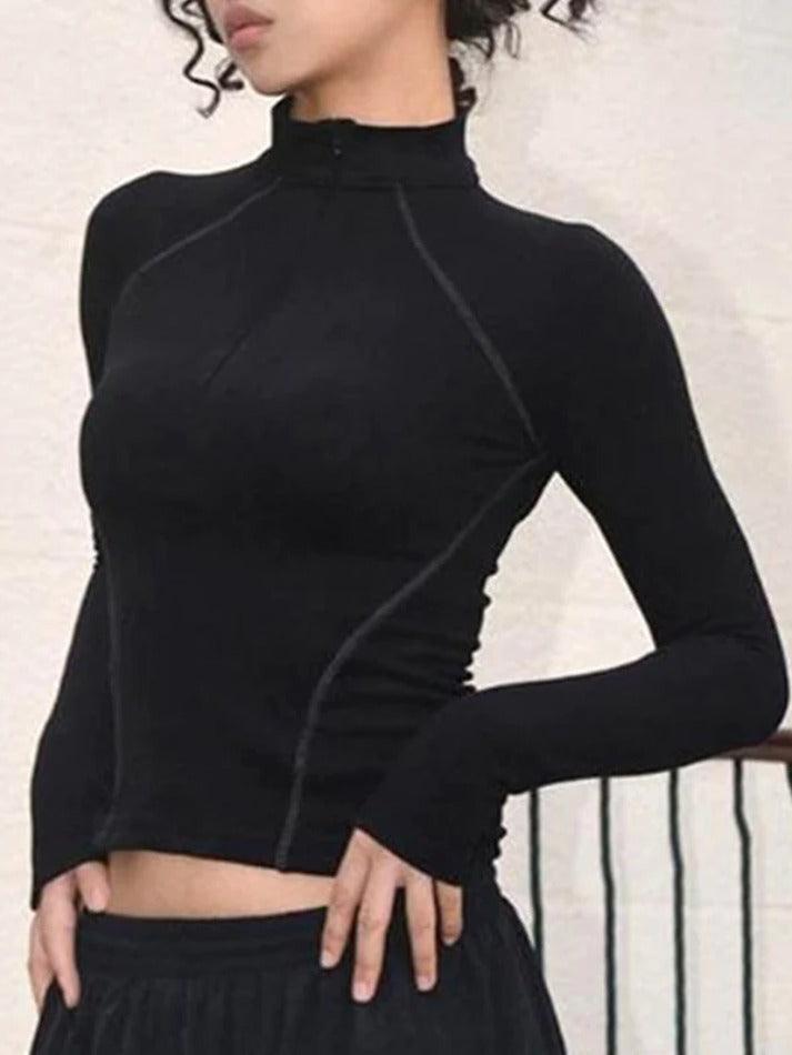 Solid Seam Detail Mock Neck Slim Long Sleeve Tee