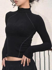 Solid Seam Detail Mock Neck Slim Long Sleeve Tee