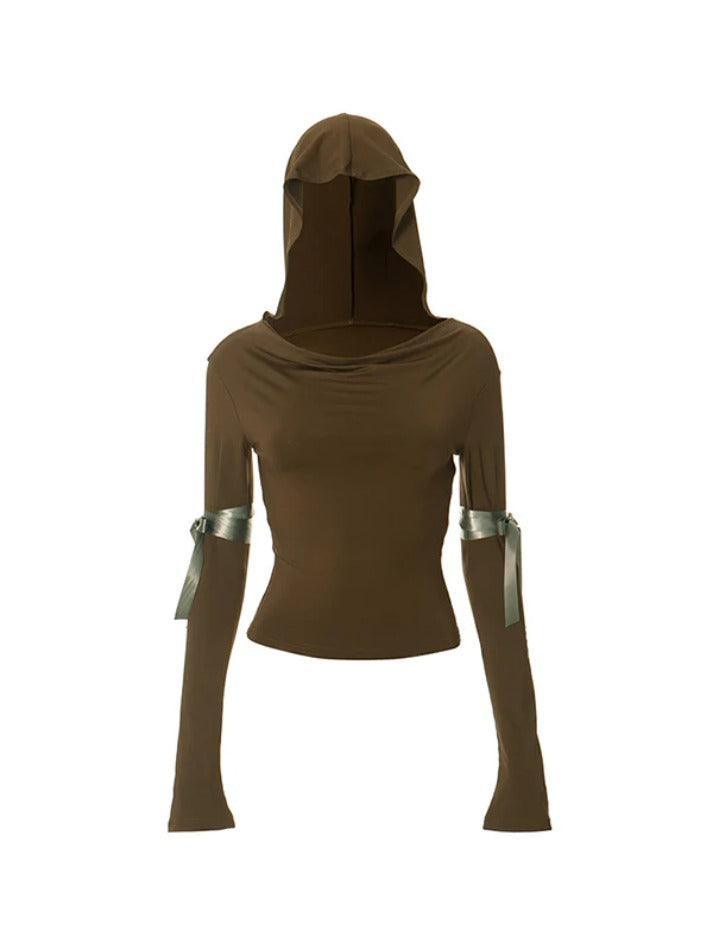 Solid Ruched Hooded Ribbon Tie Up Cropped Long Sleeve Tee