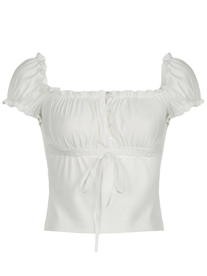 Ruffle Tie Solid White Bubble Sleeve Tee