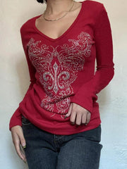 Gothic Rhinestone Print V Neck Long Sleeve Tee