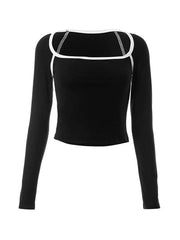 Square Neck Contrast Color Piping Design Long Sleeve Tee