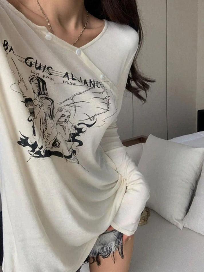 Anime Print Slanted Shoulder Oversized Long Sleeve Tee