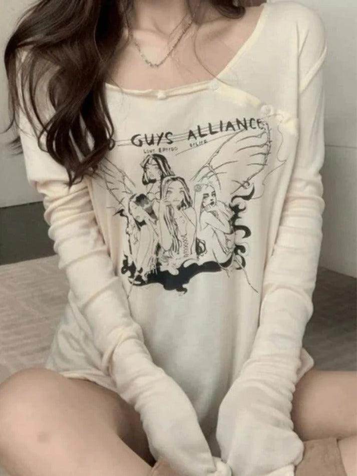 Anime Print Slanted Shoulder Oversized Long Sleeve Tee