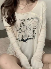 Anime Print Slanted Shoulder Oversized Long Sleeve Tee