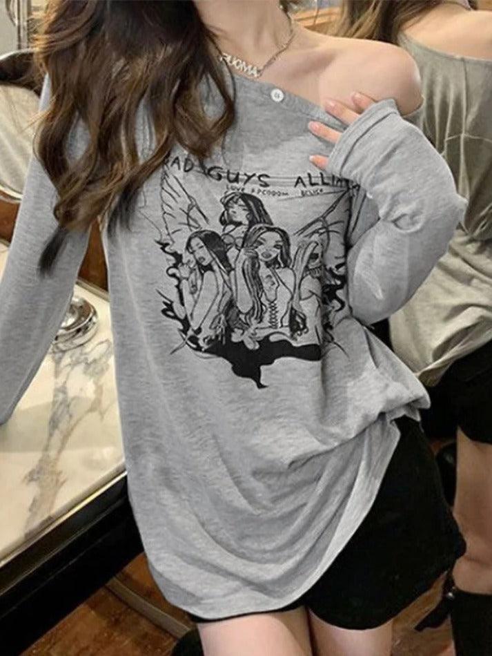 Anime Print Slanted Shoulder Oversized Long Sleeve Tee