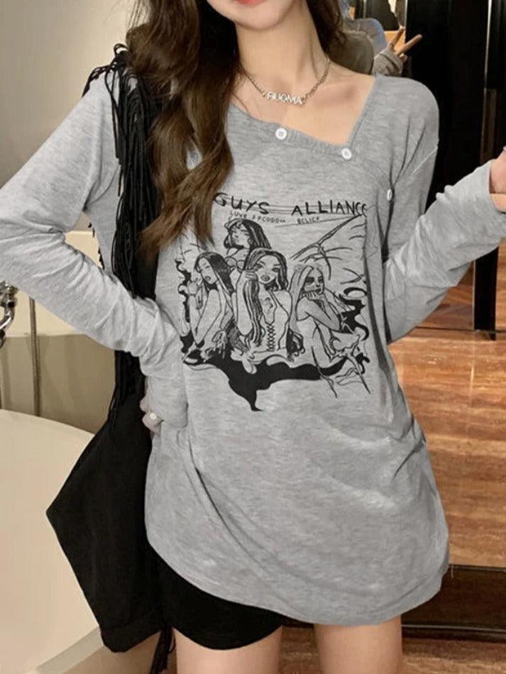 Anime Print Slanted Shoulder Oversized Long Sleeve Tee