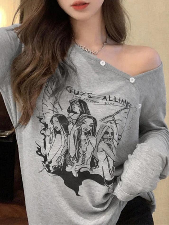 Anime Print Slanted Shoulder Oversized Long Sleeve Tee