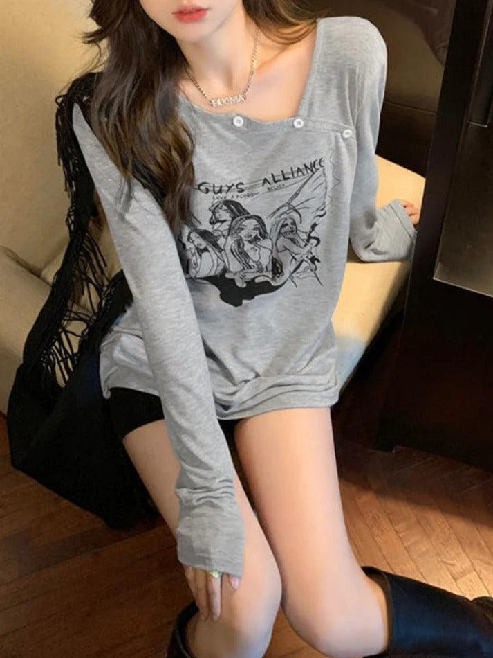 Anime Print Slanted Shoulder Oversized Long Sleeve Tee