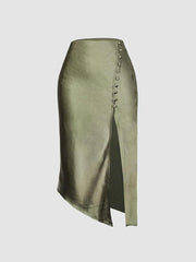 Asymmetric Hem Slit Button Deco Skirt