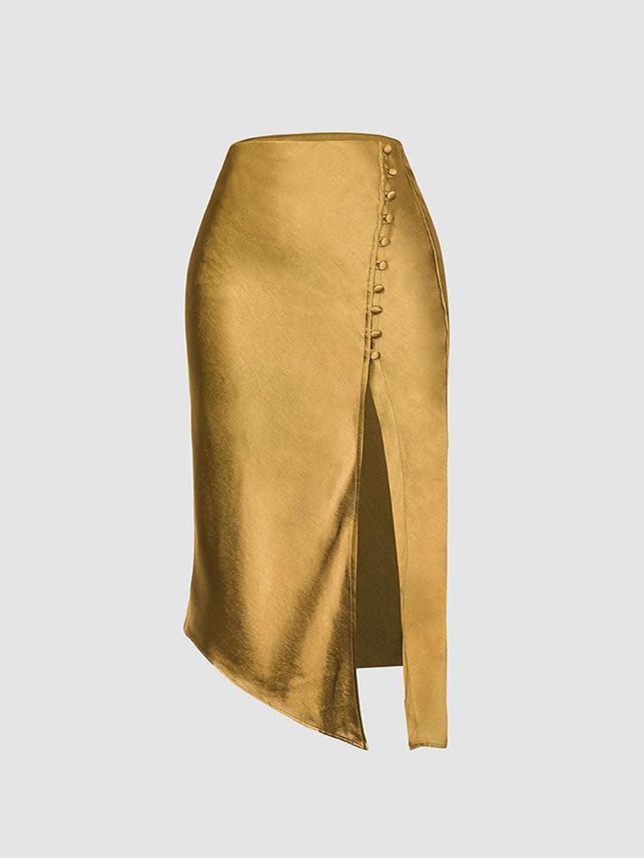 Asymmetric Hem Slit Button Deco Skirt