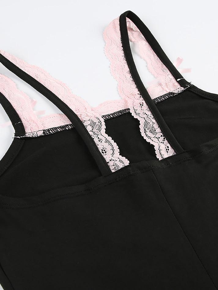 Spaghetti Strap Lace-Trim Plain Bodysuit Top