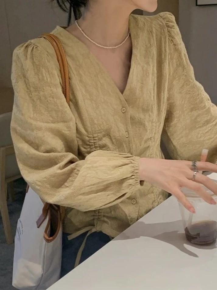 Lace Up Button Front Long Sleeve Blouse