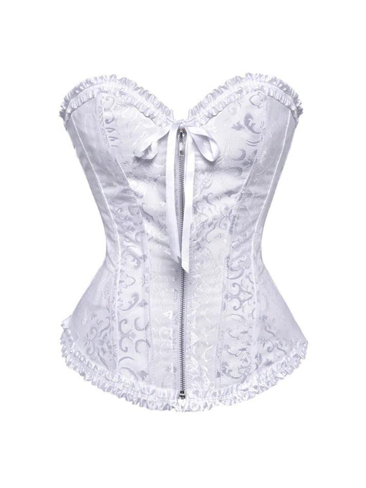 Vintage Print Frill Trim Zip Up Tie Front Corset Top