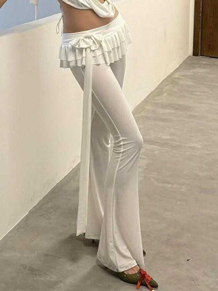 Solid Ruffled Trim Tie Up Flare Leg Pants