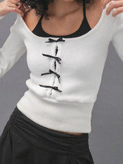 Contrast Bow Cutout Halter Two Piece Long Sleeve Tee
