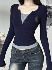 Contrast Color Print Fake Two Piece Long Sleeve Knit