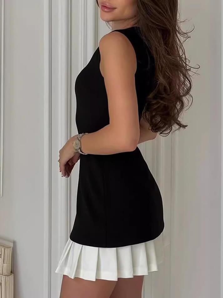 Two-Tone Sleeveless Pleated Short Dress