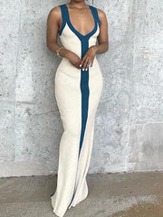 Colorblock V-neck Knit Split Maxi Dress