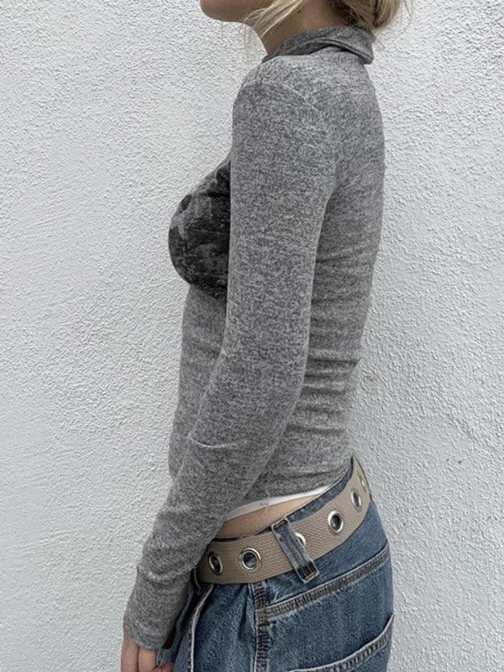 Vintage Cherub Print Turtleneck Slim Long Sleeve Tee