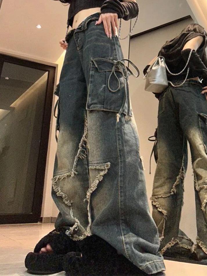 Hip Pop Multi Pocket Raw Trim Tie Up Cargo Jeans