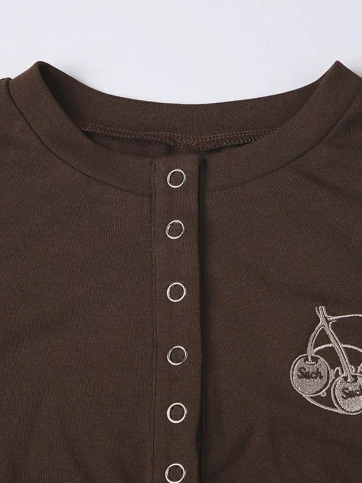 Vintage Brown Cherry Embroidery Breasted Long Sleeve Tee