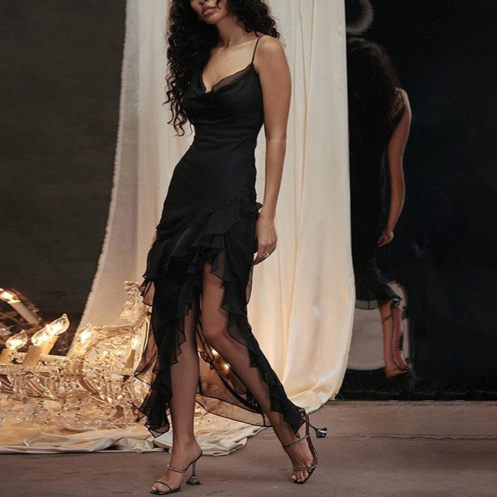 Black Asymmetrical Ruffle Dress
