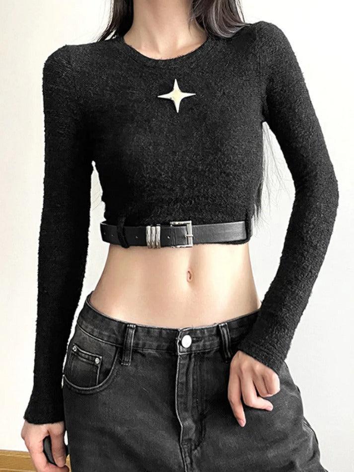 Metal Star Decor Belted Hem Cropped Long Sleeve Knit