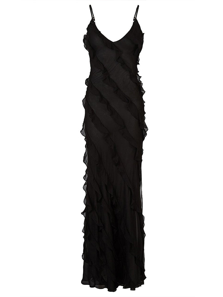 Black Side Slit Backless Maxi Dress With Ruffle Detail