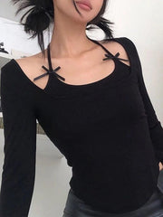 Solid Halter Bow Decor Long Sleeve Tee