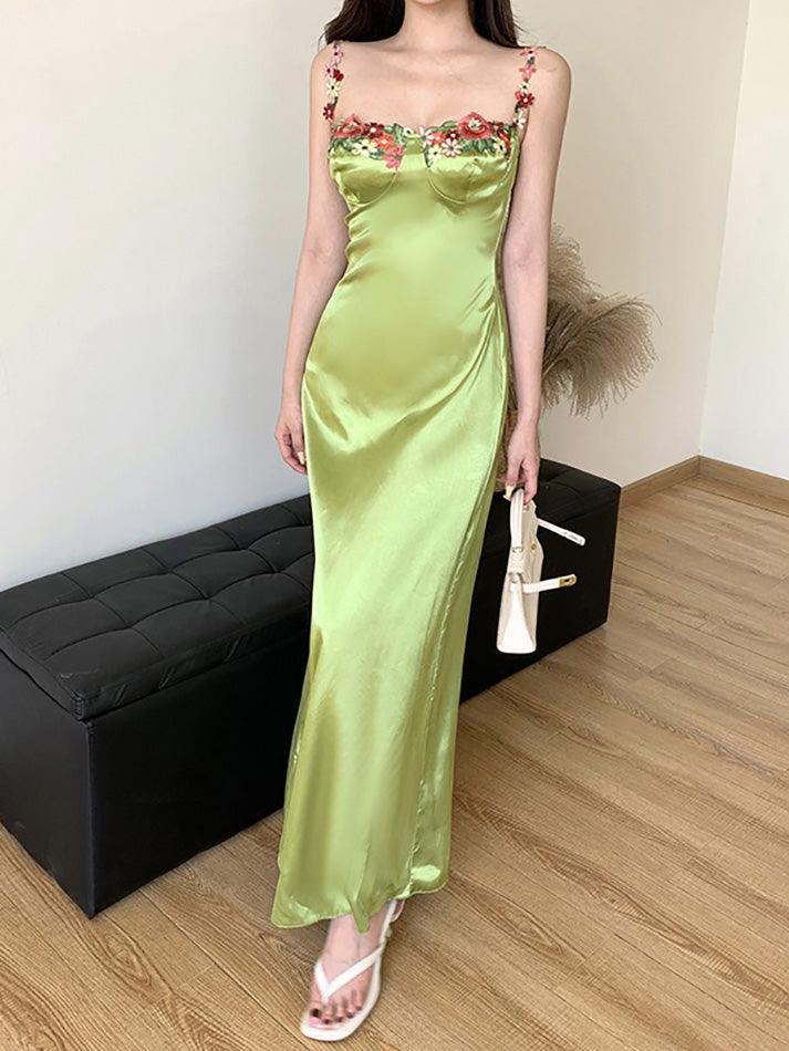 Sexy Spaghetti Strap Floral Satin Maxi Dress
