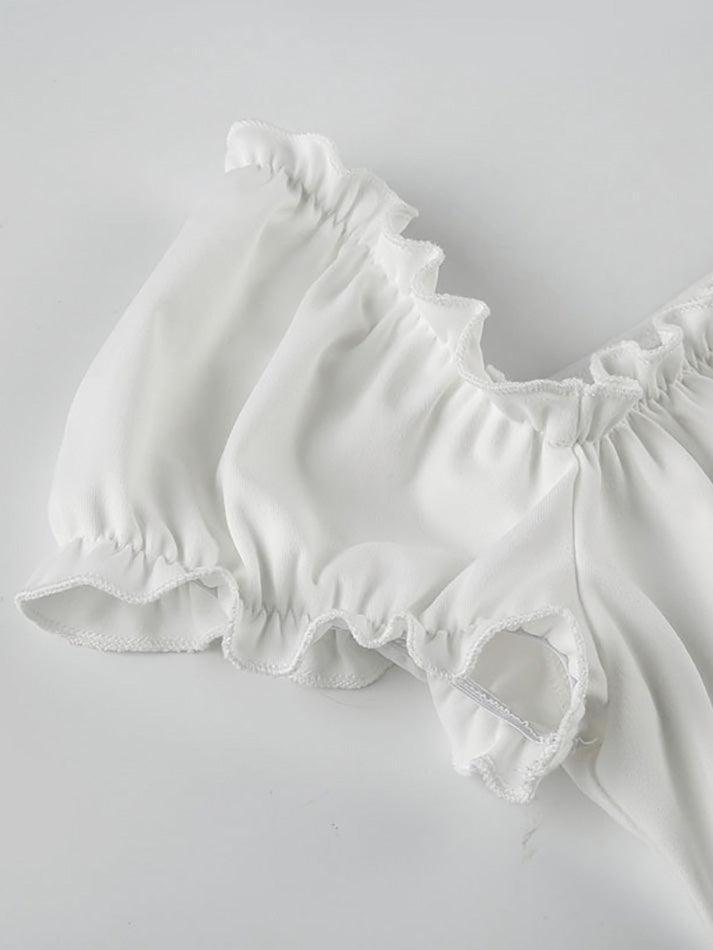 Ruffle Tie Solid White Bubble Sleeve Tee