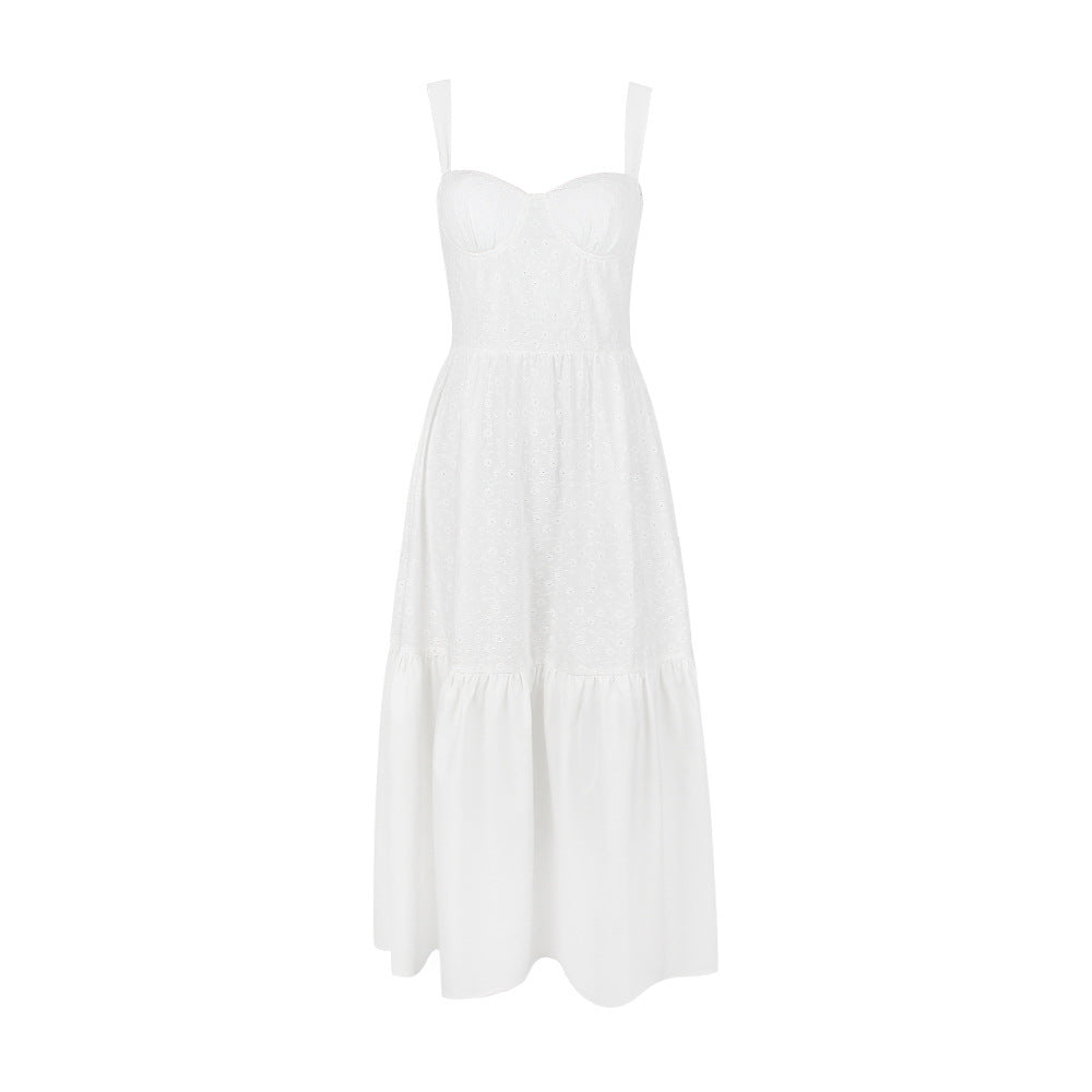White broeadered Jacquard Midi A-Line Dress