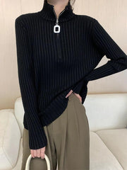 Solid Half Zip Ribbed Knit Sweater