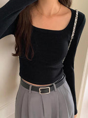 Solid Square Neck Rib Slim Long Sleeve Knit