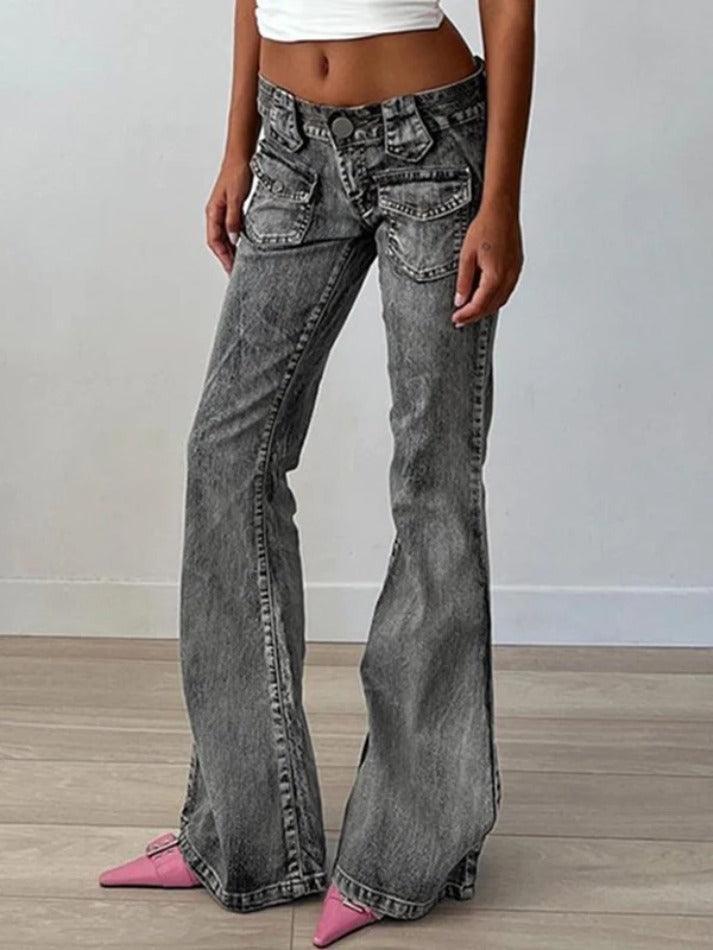 Vintage Distressed Dual Pocket Low Rise Flare Jeans