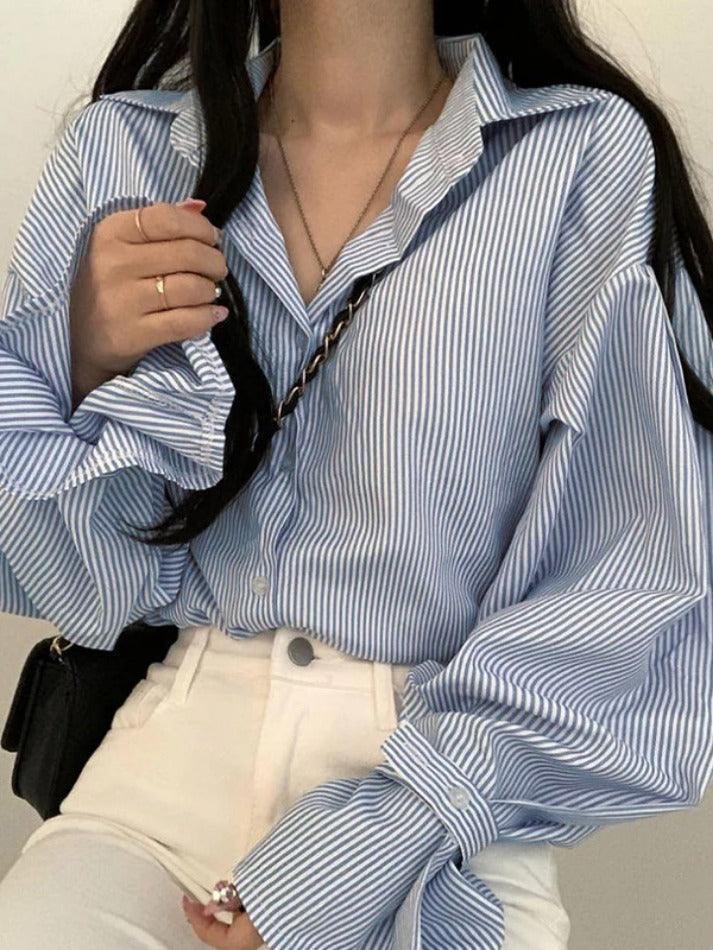 Stripe Lantern Sleeve Long Sleeve Blouse