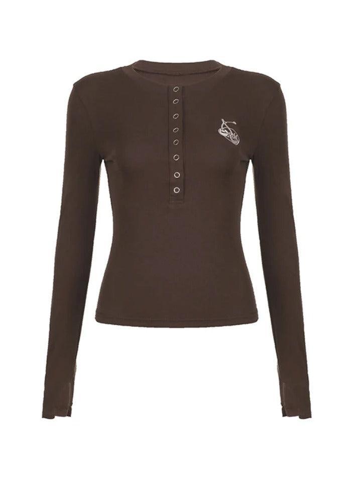 Vintage Brown Cherry Embroidery Breasted Long Sleeve Tee