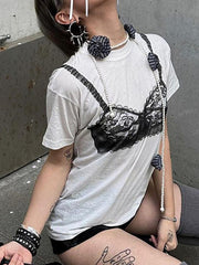 Contrast Lace Sheer Corset Printed Tee