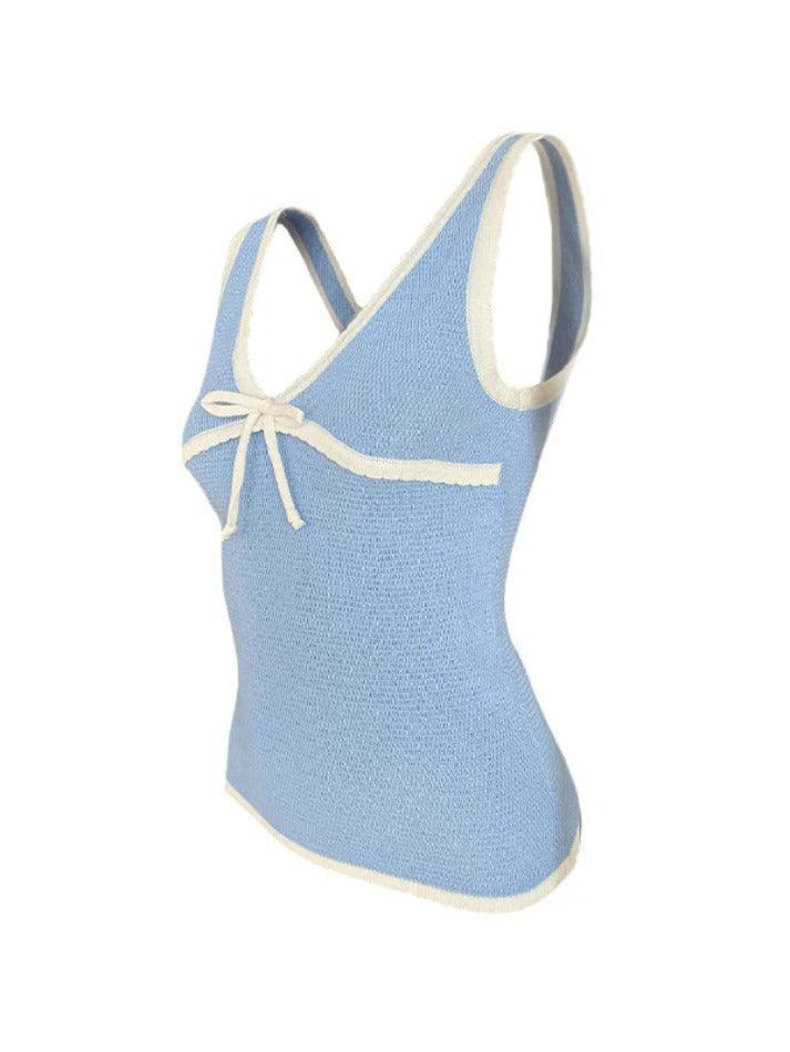 Contrast Color Stitching V Neck Bow Tank Top