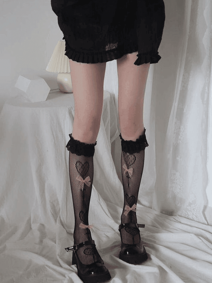 Bow Decor Lace Trim Fishnet Socks