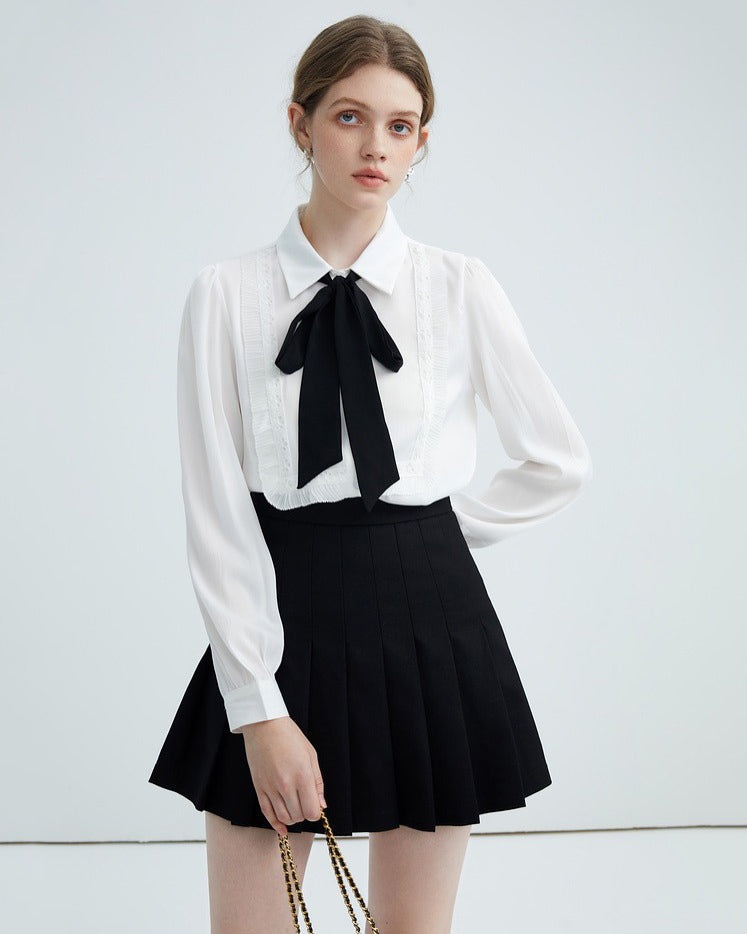 Good Manners Ruffle Bow Tie Neck Shirt