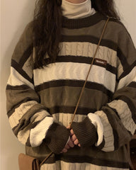 Coffee Cream Striped Oversize Sweater