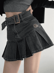 Buckle Belt Pleated Denim Mini Skirt