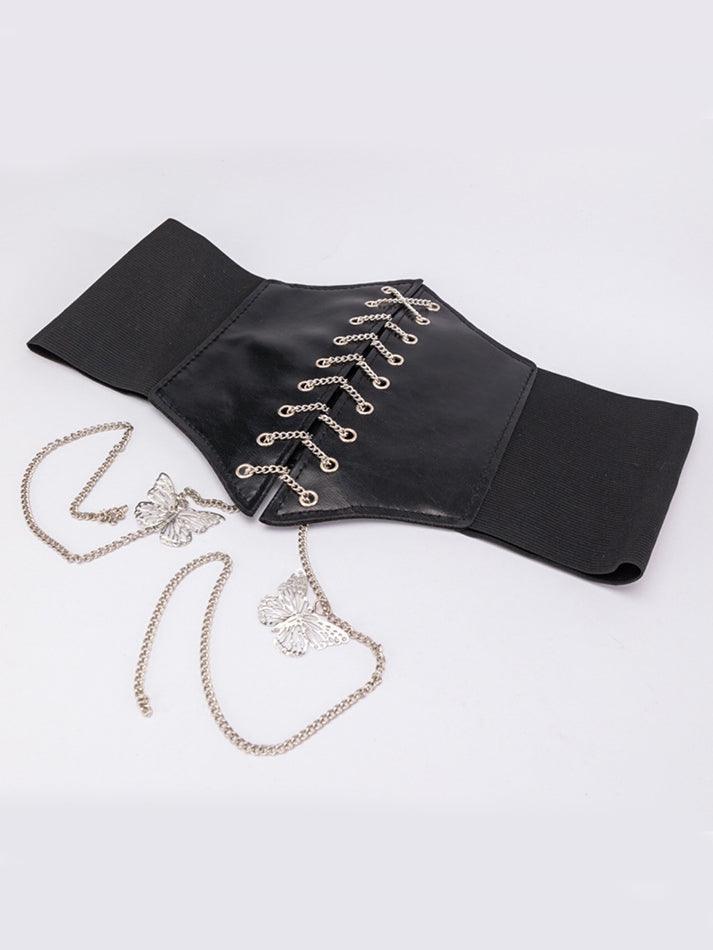 Butterfly Chain Strap Pu Leather Corset Top