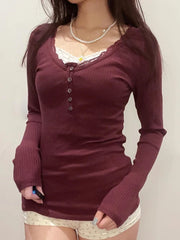 Basic Lace Patched Slim Buttons Long Sleeve Top